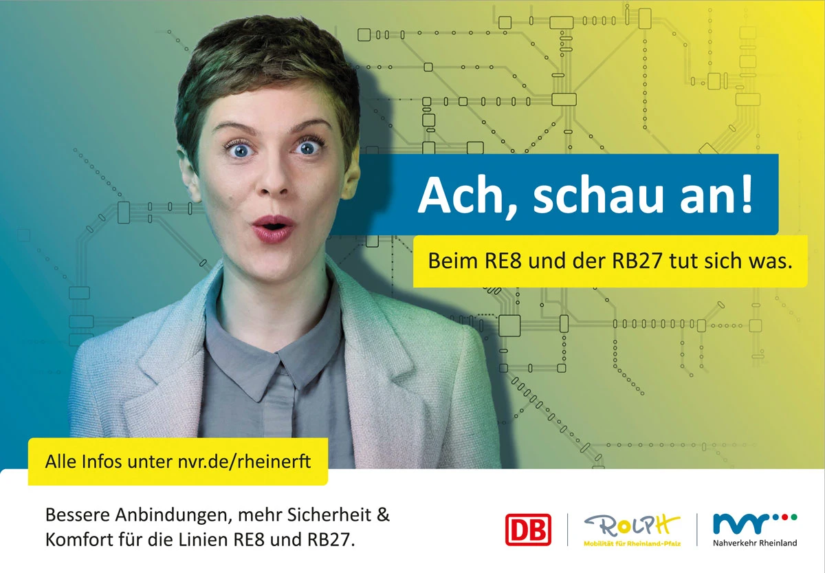Kampagnenportrait einer jungen Frau mit Überraschungsausdruck – produziert für einen Flyer der Deutschen Bahn zum Nahverkehr Rheinland, fotografiert bei nonverbal | businessfotografie.